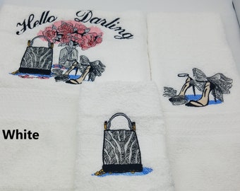 Fashion - Shoes & Purse - Embroidered Towels - Pick Towel Color and Size of Set - Bath Sheet, Bath Towel, Hand Towel, Washcloth - Free Ship