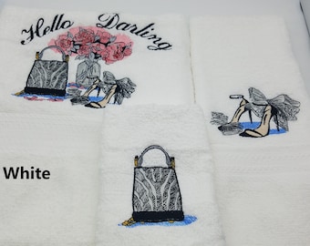 Fashion - Shoes & Purse - Embroidered Towels - Pick Towel Color and Size of Set - Bath Sheet, Bath Towel, Hand Towel, Washcloth
