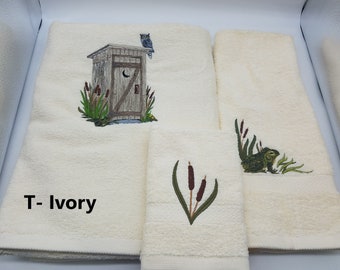 Rustic Outhouse - Embroidered Towels - Order Sets or Individually - Pick Color of Towel  - Bath Sheet, Bath Towel, Hand Towel and Washcloth