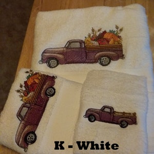 Fall Old Truck- Embroidered Towels - Pick Color of Towel and Set or Individually - Bath Sheet, Bath Towel, Hand Towel and Washcloth