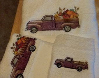 Fall Old Truck- Embroidered Towels - Pick Color of Towel and Set or Individually - Bath Sheet, Bath Towel, Hand Towel and Washcloth