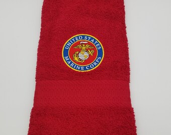 In Stock - Ready To Ship - Military - Marine on Red - Embroidered Hand Towel - Free Shipping
