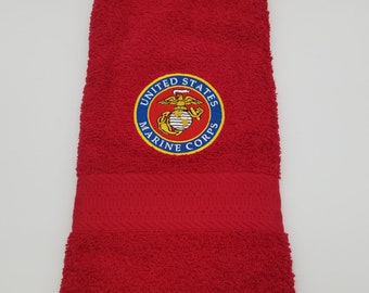 Military - Marine on Red - Embroidered Hand Towel - In Stock - Ready To Ship