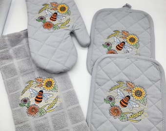 4 Piece Embroidered Kitchen Towel Set - Sunflowers and Bees - Ready To Ship