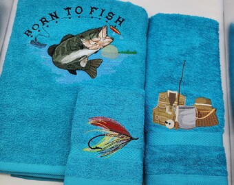 Born To Fish with Bass on Turquoise - 3 Piece Embroidered Towel Set - Bath Sheet, Hand Towel and Washcloth - Ready To Ship