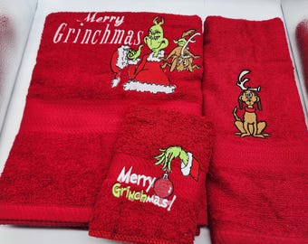 Grinch Merry Grinchmas - EmbroideredTowels - Bath Sheet, Bath Towel, Hand Towel and Washcloth - Pick Towel Color - Order Set or Individually