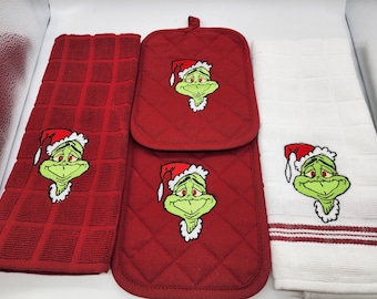 Grinch Face on Red 4 Piece Embroidered Kitchen Towel Set -  Free Shipping - Ready To Ship