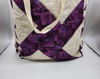 Quilted Tote Bag - Purple and Cream Colored - Ready To Ship - Free Shipping