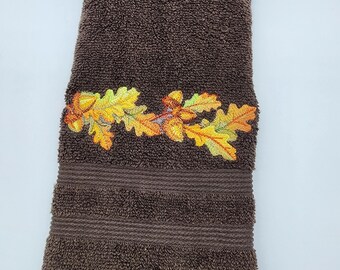 Fall Leaves and Acorns - Embroidered Hand Towel - Pick Color of Towel - Order One or More