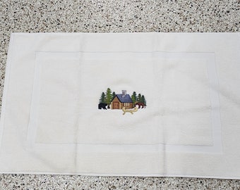 Cabin In The Woods on Ivory Embroidered Bath Mat - Embroidered Directly on Bath Mat - Free Shipping