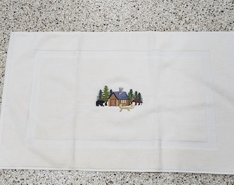 Cabin In The Woods on Ivory Embroidered Bath Mat - Embroidered Directly on Bath Mat - Free Shipping