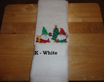 Christmas Gnomes  - Embroidered Hand Towel - Pick Color of Towel - Order One or More - Bathroom Decoration