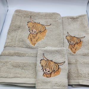 Highland Cow Embroidered Towels -Choose Your Size of Set and Color of Towel - Bath Sheet, Bath Towel, Hand Towel & Washcloth