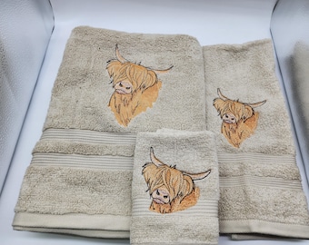 Highland Cow Embroidered Towels -Choose Your Size of Set and Color of Towel - Bath Sheet, Bath Towel, Hand Towel & Washcloth