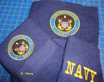 Navy - Embroidered Towels - Bath Towel, Hand Towel and Washcloth - Order Set or Individually - Free Shipping