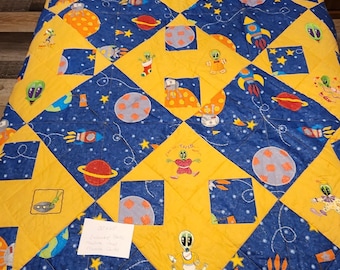 Alien Embroidered Patchwork Quilt - 50" by 65"