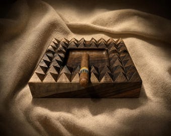 Luxury Walnut Cigar Ashtray, Handmade Geometric Wood Cigar Holder