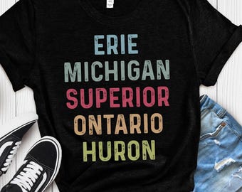 T-Shirt über die Großen Seen | See-T-Shirt | Erie, Michigan, Oberer See, Ontario, Huron | Große Gewässer, Bootfahren, Camping, Abenteuer, Wandern, Segeln, Ferienhaus
