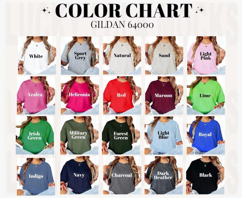 K&ouml;nnte beinhalten: Eine Gildan 64000 Farbkarte mit zwanzig T-Shirts in verschiedenen Farben, darunter Wei&szlig;, Sportgrau, Natur, Sand, Hellrosa, Azalee, Heliconia, Rot, Kastanienbraun, Limette, Irischgr&uuml;n, Milit&auml;rgr&uuml;n, Waldgr&uuml;n, Hellblau, K&ouml;nigsblau, Indigo, Marine, Anthrazit, Dunkelgrau und Schwarz.