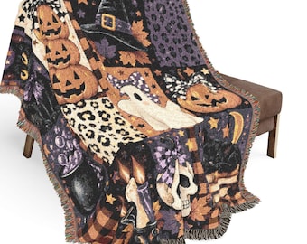 Vintage-Halloween-Decke, Patchwork-Decke mit Geister-Eule und schwarzer Katze, Kürbis-Krähe-Motte-Herbstdeko, gruseliges Cottagecore-Herbst-Halloween-Geschenk