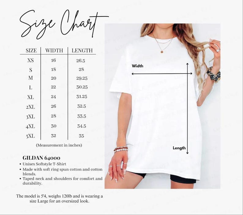 K&ouml;nnte beinhalten: Ein wei&szlig;es Gildan 64000 Unisex-T-Shirt, dargestellt mit einer Gr&ouml;&szlig;entabelle. Die Tabelle listet Breiten- und L&auml;ngenma&szlig;e in Zoll f&uuml;r die Gr&ouml;&szlig;en XS bis 5XL auf. Das T-Shirt hat einen Rundhalsausschnitt und kurze &Auml;rmel.