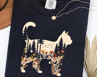 Comfort Colors Boho Cat Plants Shirt: Short & Long Sleeve, Nature Trees Wild Flowers Tees, Women Cat Lovers Tee, Christmas Mom Gift for Her