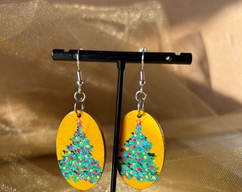 Handpainted Dangle drop earrings, wood earrings, statement earrings, lightweight