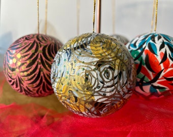 Floral Christmas ornaments, hand painted Christmas ornaments, painted ornaments, hand painted ceramic ornament, paper mache ball ornaments