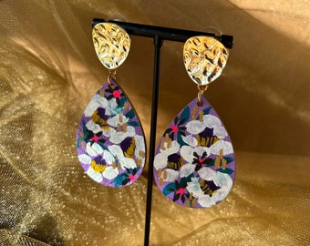 Handpainted Dangle drop earrings, wood earrings, statement earrings, lightweight