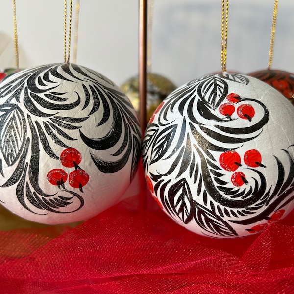 Floral Christmas ornaments, hand painted Christmas ornaments, painted ornaments, hand painted, paper mache ball ornaments