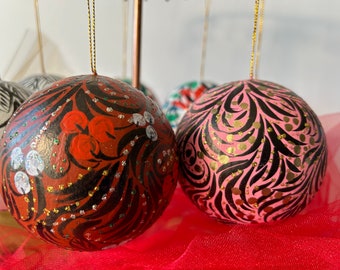 Floral Christmas ornaments, hand painted Christmas ornaments, painted ornaments, hand painted, paper mache ball ornaments