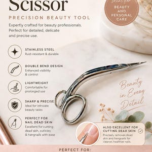 May include: A silver-coloured stainless steel double bend scissor with two finger loops and pointed blades. The text on the image reads Premium Double Bend Scissor, Precision Beauty Tool, Beauty in Every Detail, and lists uses for eyebrows, eyelashes, nails, and facial hair.