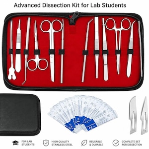 May include: An advanced dissection kit for lab students featuring a black zippered case with a red interior containing various stainless steel surgical tools, including scissors, forceps, and probes, plus extra scalpel blades and a small case.