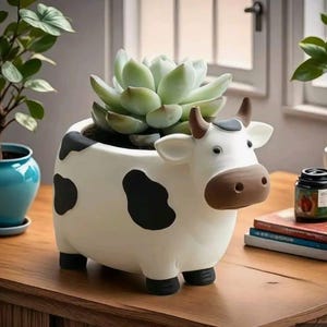 Maceta con forma de vaca para suculentas, maceta pequeña de cerámica, jarrón con forma de animalito, decoración de escritorio / paquete de 2x