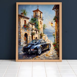 Mediterranean Coast Vintage Porsche Poster, Vintage Porsche Print, Vintage Car Poster, Old Porsche Poster, Classic Car Wall Art, Porsche 911