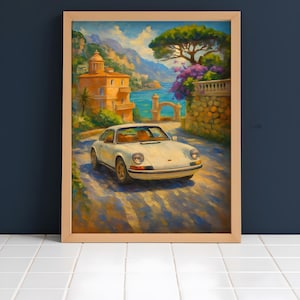 Affiche Porsche vintage de la côte amalfitaine, impression Porsche vintage, affiche de voiture vintage, vieille affiche Porsche, art mural voiture classique, Porsche 911