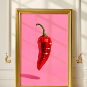 Chili Pepper Disco Ball Wall Art, Red Pop Art Print, Funky Retro Poster, Modern Glam Decor, Bold Fruit Digital Download