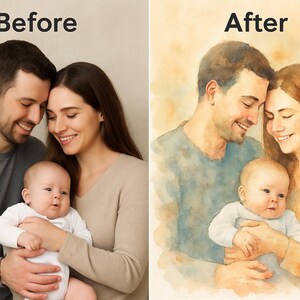 CADEAU COUPLE / FAMILLE / bébé réaliste personnalisé à l'aquarelle, Cadeau unique, Illustration couple ou famille, souvenir magique, gift