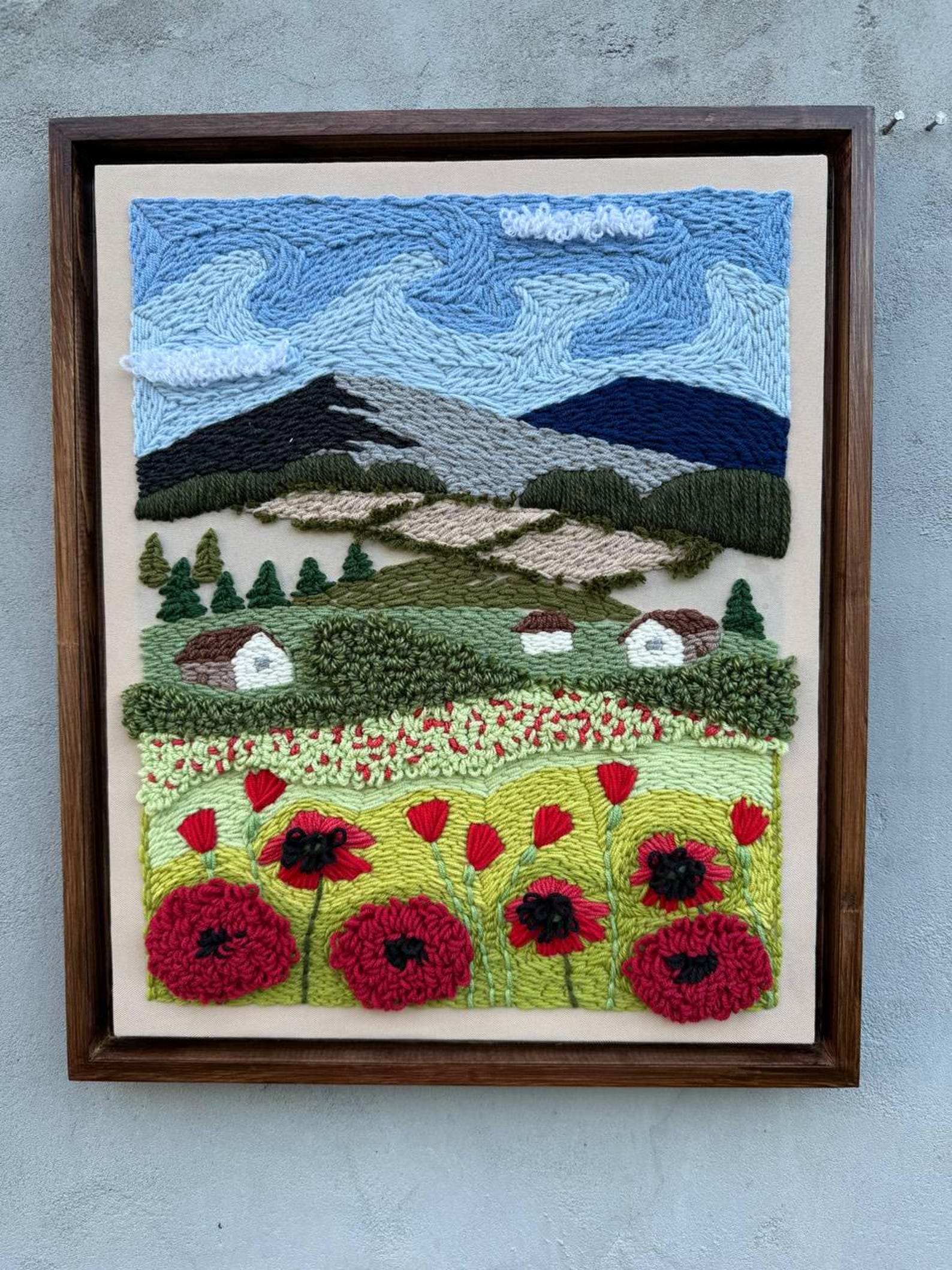 Handmade Punch Needle Wall Art – Poppies and Countryside Landscape ...