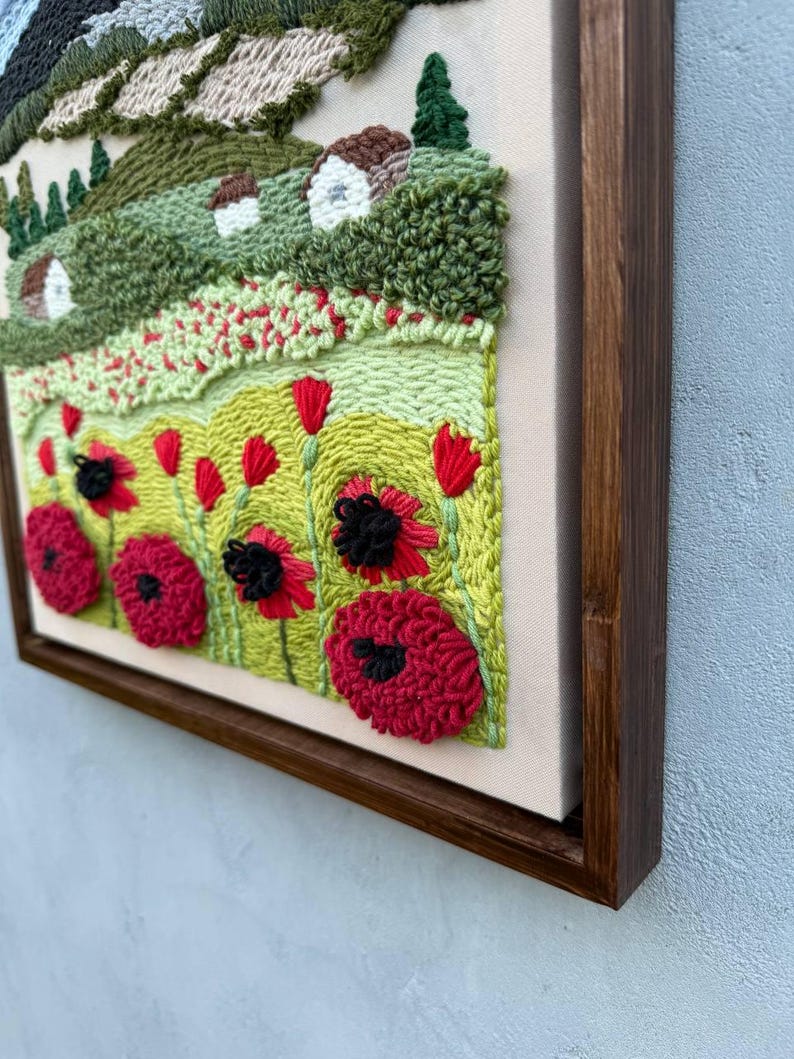 Handmade Punch Needle Wall Art – Poppies and Countryside Landscape ...