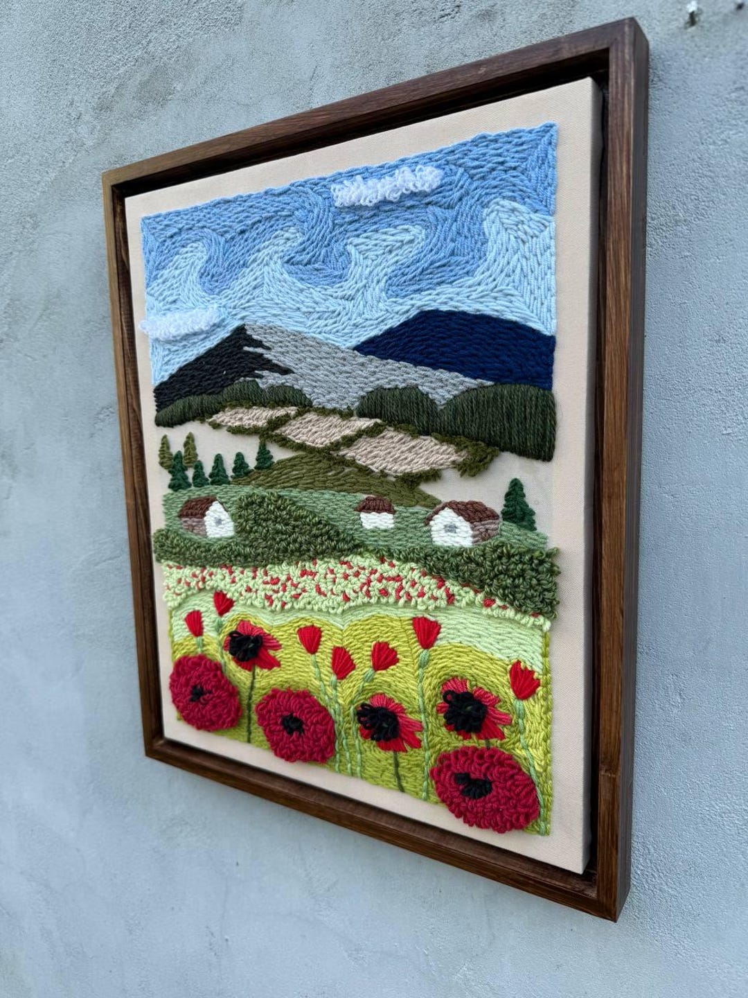Handmade Punch Needle Wall Art – Poppies and Countryside Landscape ...