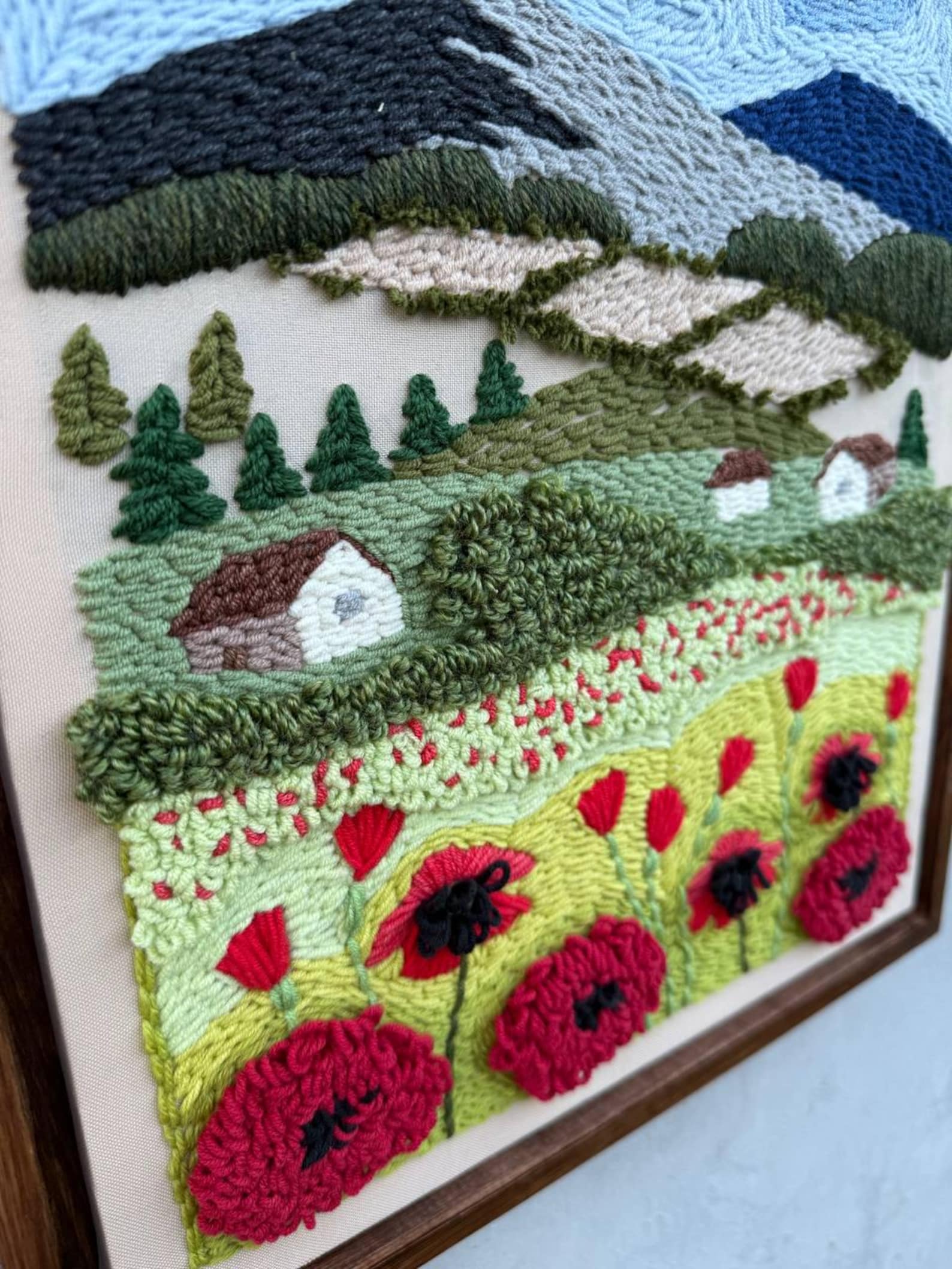 Handmade Punch Needle Wall Art – Poppies and Countryside Landscape ...