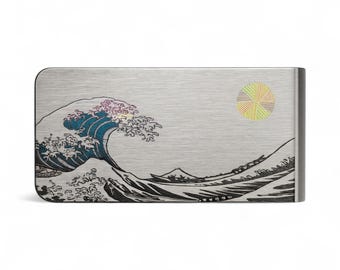 Engraved Money Clip, Japanese Seigaiha Waves and Sun Engraving, Personalisation Available, Silver Finished Cash Clip