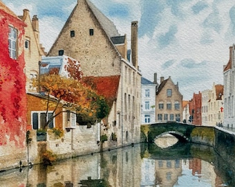 ブルージュの水彩画アートプリント：ベルギー旅行イラスト - Etsy 日本