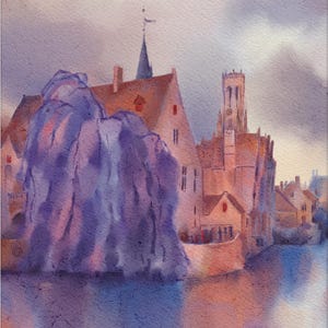 Bruges Watercolor Print: Rozenhoedkaai Canal, Belgium Cityscape