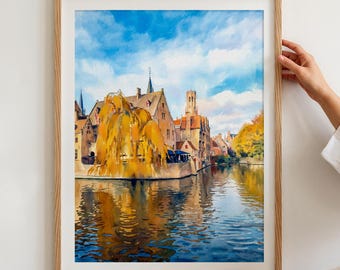 ベルギー、ブルージュの水彩画プリント：中世の運河沿いの街並み