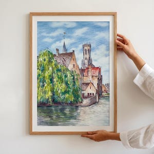 Brügge Belgien Fine Art Print: Rozenhoedkaai Sommerkanal Buntstift Zeichnung Wanddekoration