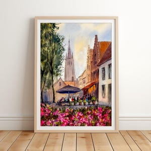 Brügge Walplein Abend - Aquarell Kunstdruck, Liebfrauenkirche, Sommer Stadtansicht, Belgien Reisegeschenk
