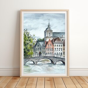 Puente Carmelita de Brujas: dibujo a lápiz único, lámina artística original, arte mural de paisaje urbano europeo, regalo de viaje a Bélgica, obras de arte de Brujas