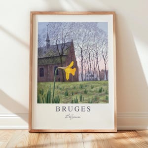 Primo narciso nel beghinaggio di Bruges – Stampa artistica digitale, decorazione murale primaverile, architettura botanica, poster di belle arti belga